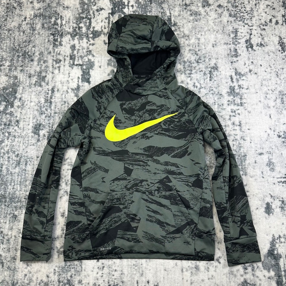 Nike Hoodie Kids Large Green Camo Pullover Dri-Fit 856140-372 Sweatshirt